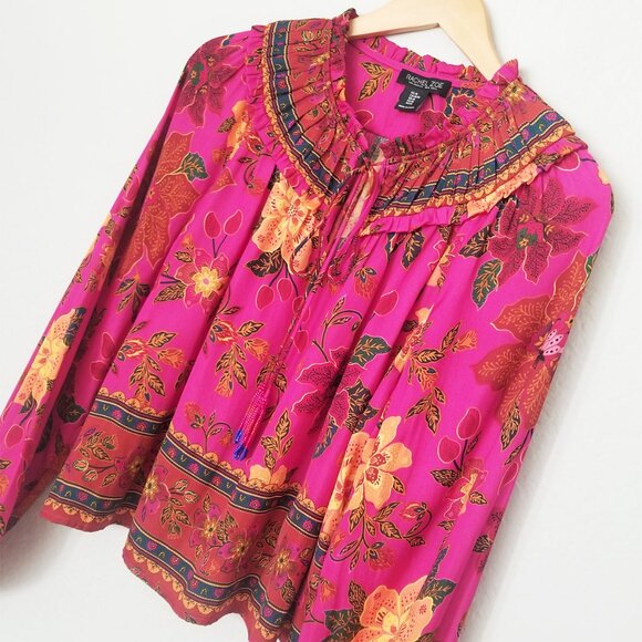 Rachel Zoe Vibrant Pink Ruffle Tropical tapestry Tassel Blouse Size M $98 Silky - Picture 1 of 16
